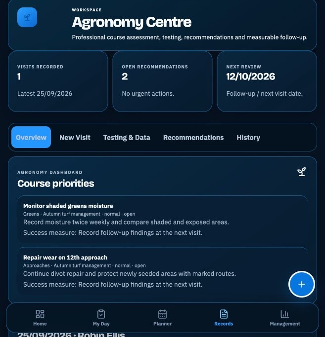 Demo Club Agronomy Centre showing visits, recommendations and course priorities.